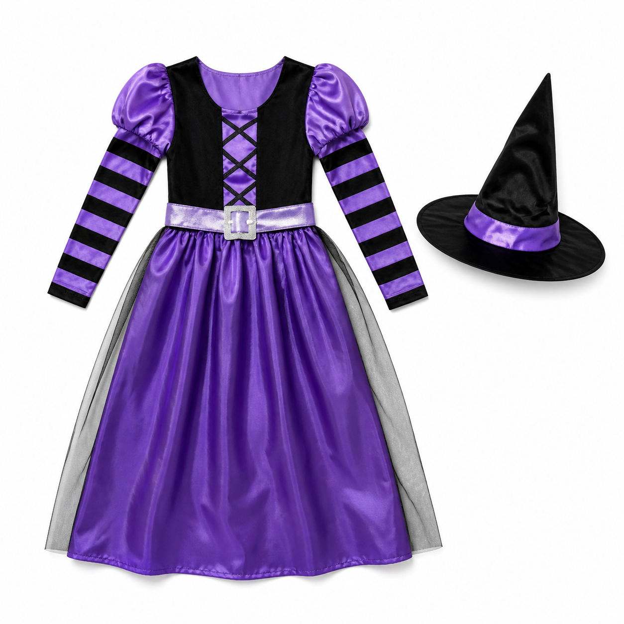 Kidsβ Purple Witch Costume β Dress & Pointed Hat white background product image
